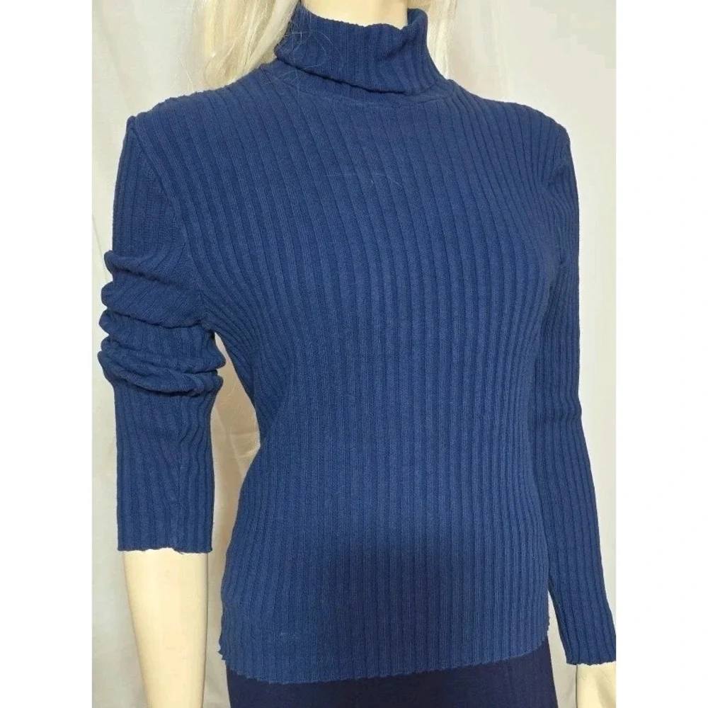 Y2K American Pride Basic Navy Rib Knit Slim Fit Turtleneck Sweater Women's Large